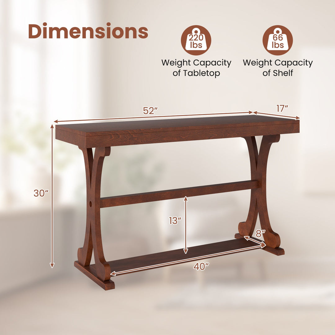 Narrow Console Table Vintage 52 Inch Long with Open Storage Shelf