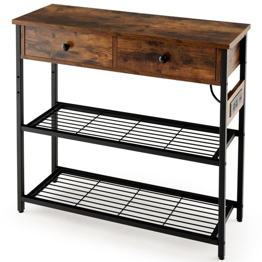 Narrow Console Table with 2 Drawers and 2 Metal Mesh Shelves