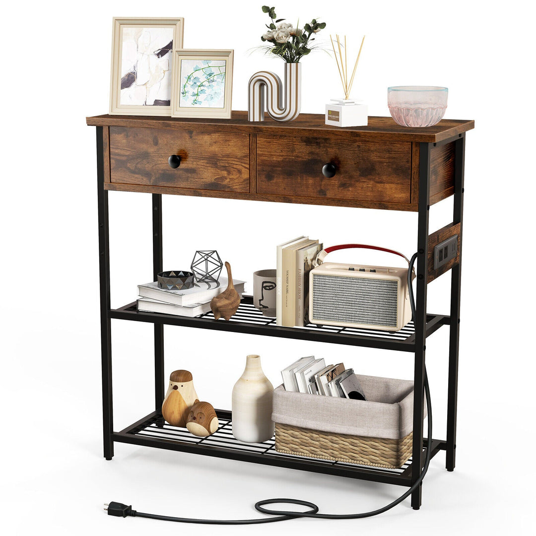 Narrow Console Table with 2 Drawers and 2 Metal Mesh Shelves