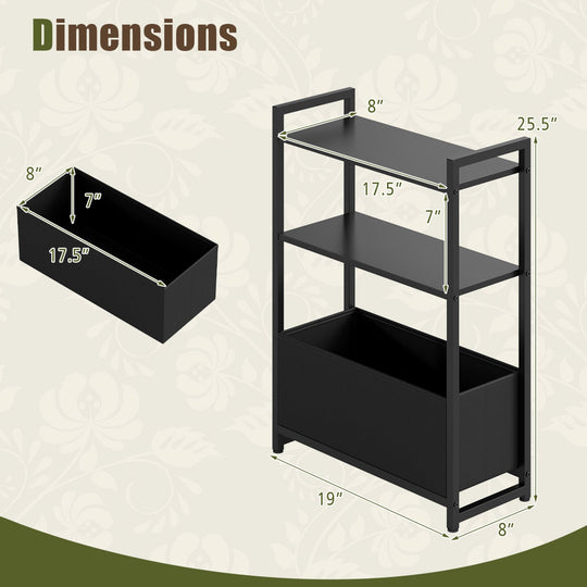 Narrow End Table with Storage Shelves and Metal Frame