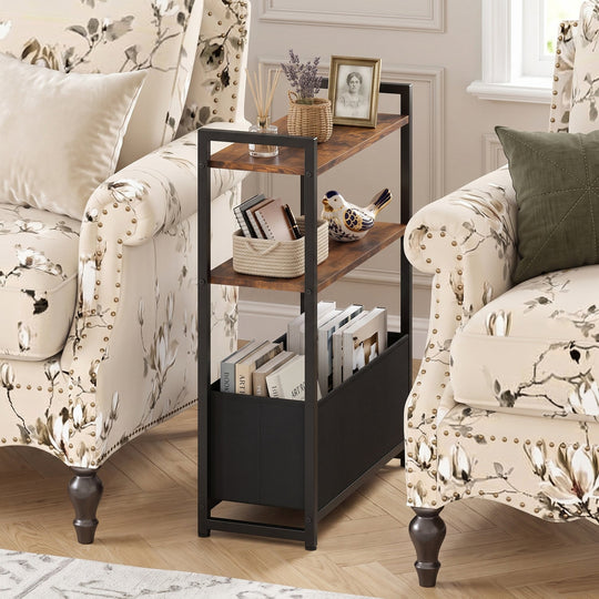 Narrow End Table with Storage Shelves and Metal Frame