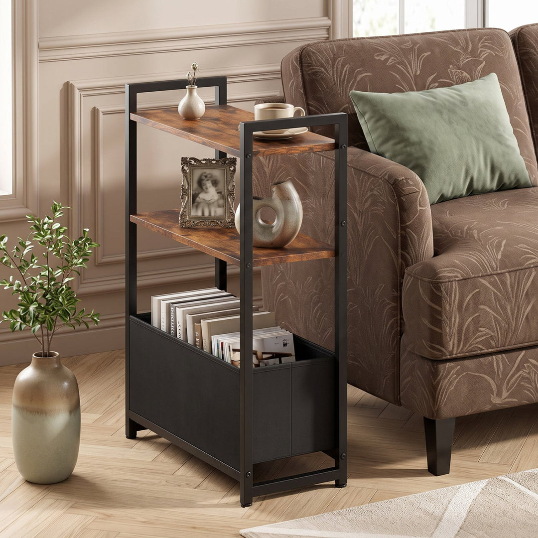 Narrow End Table with Storage Shelves and Metal Frame