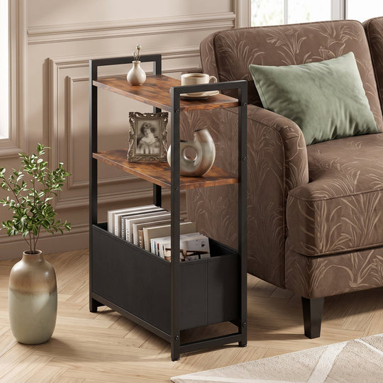Narrow End Table with Storage Shelves and Metal Frame