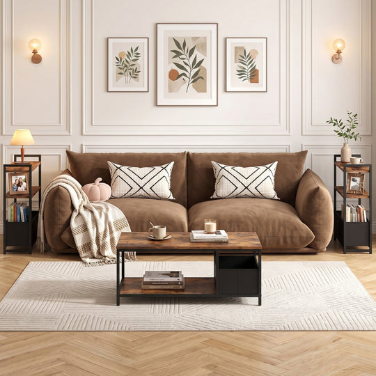 Narrow End Table with Storage Shelves and Metal Frame