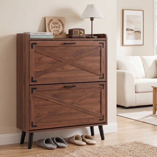 Narrow Shoe Cabinet with Flip Drawers and Adjustable Shelves