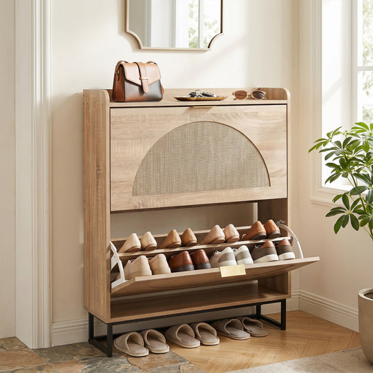 Narrow Shoe Storage Cabinet with Flip Drawers & Shelves