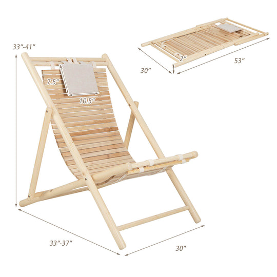 Solid Fir Wood Lounge Chair with 3-Level Adjustable Backrest and Soft Padded Headrest-Natural