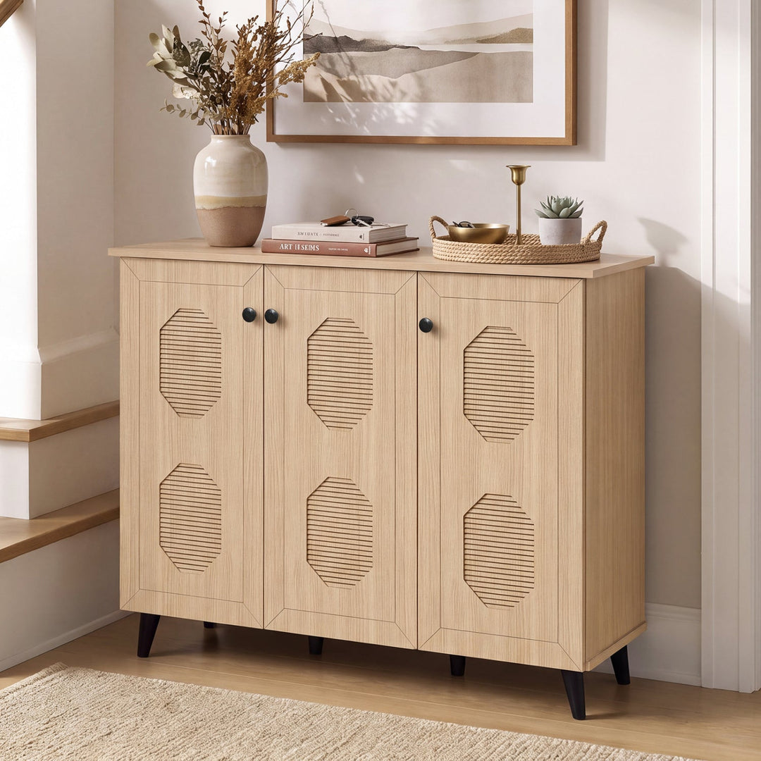 3-Door Shoe Cabinet with Hollow-Out Panels - Natural Wood