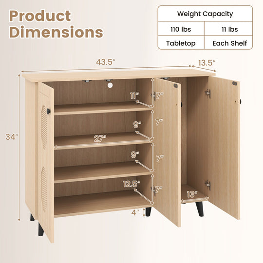 3-Door Shoe Cabinet with Hollow-Out Panels - Natural Wood