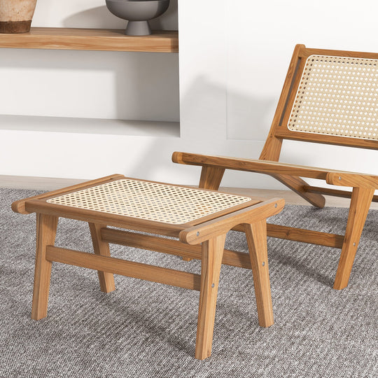 Natural Teak Wooden Foot Rest with Handwoven Rattan