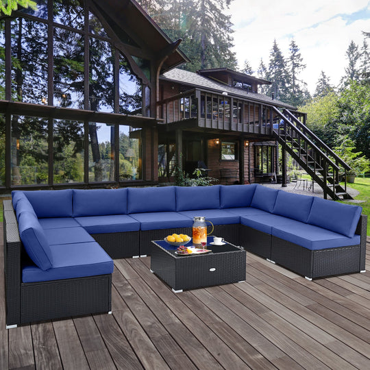 10 Piece Outdoor Wicker Conversation Set with Seat and Back Cushions