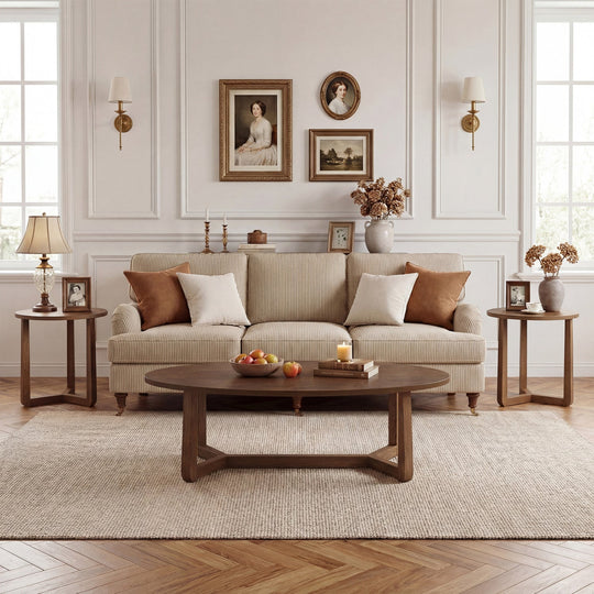 Nesting Coffee Table Set of 3 with Wood Veneered Top and Solid Rubber Wood Legs for Living Room