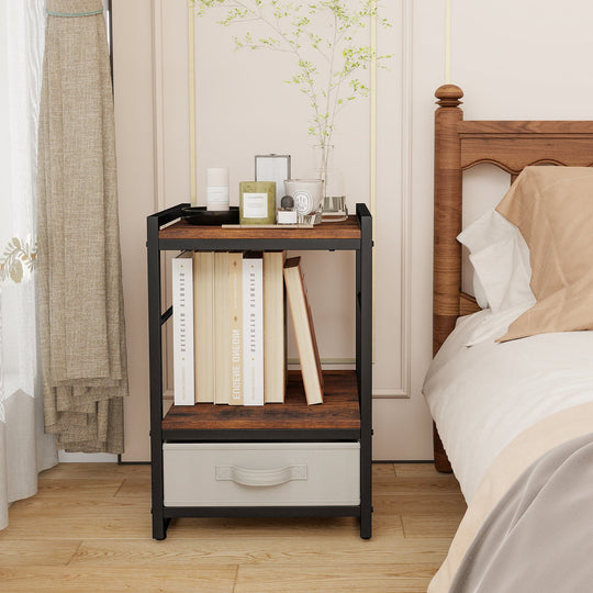 Nightstand Industrial Bedside Table with Open Storage Shelf and Fabric Drawer-Rustic Brown