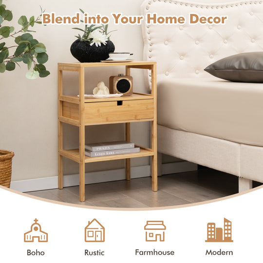 Bamboo Nightstand with Storage Drawer and Slatted Shelf