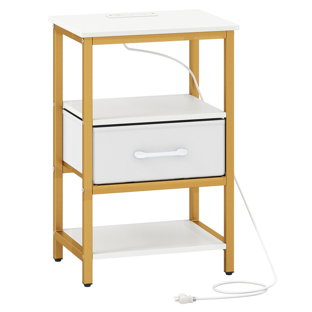 Nightstand with Charging Station and Adjustable Fabric Drawer for Bedroom and Living Room