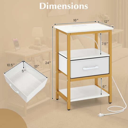 Nightstand with Charging Station and Adjustable Fabric Drawer for Bedroom and Living Room