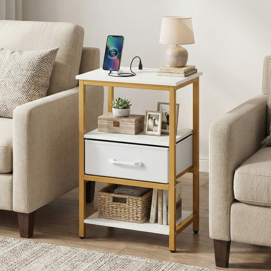 Nightstand with Charging Station and Adjustable Fabric Drawer for Bedroom and Living Room