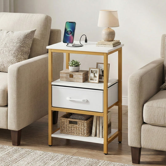 Nightstand with Charging Station and Adjustable Fabric Drawer for Bedroom and Living Room
