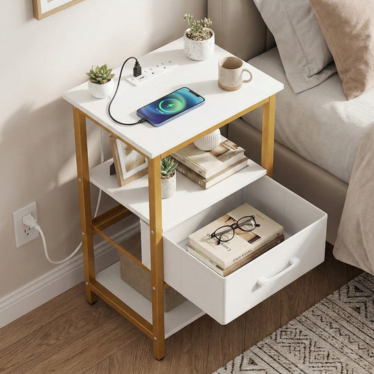 Nightstand with Charging Station and Adjustable Fabric Drawer for Bedroom and Living Room