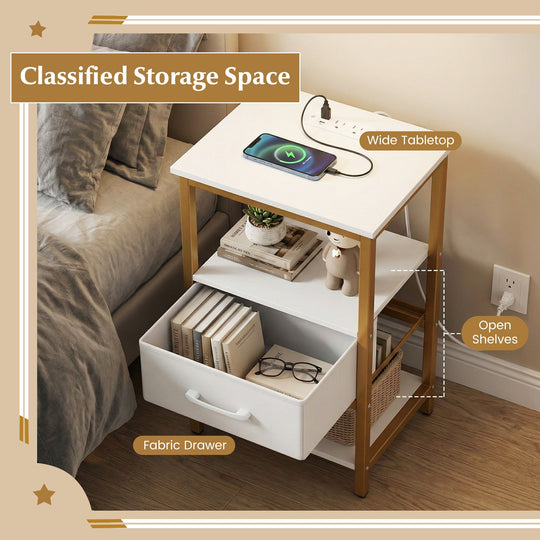 Nightstand with Charging Station and Adjustable Fabric Drawer for Bedroom and Living Room