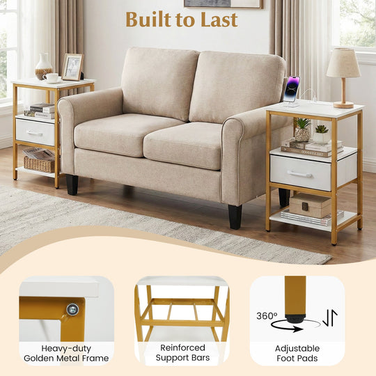 Nightstand with Charging Station and Adjustable Fabric Drawer for Bedroom and Living Room
