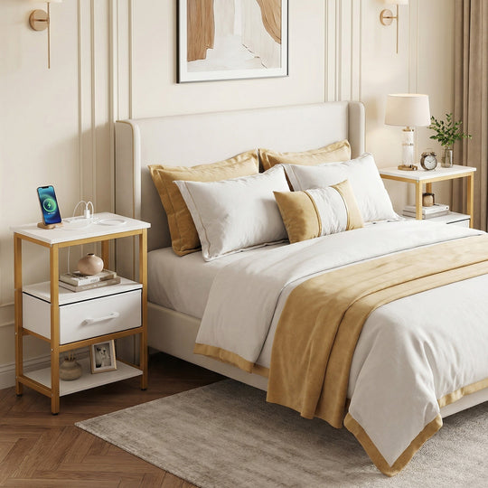 Nightstand with Charging Station and Adjustable Fabric Drawer for Bedroom and Living Room