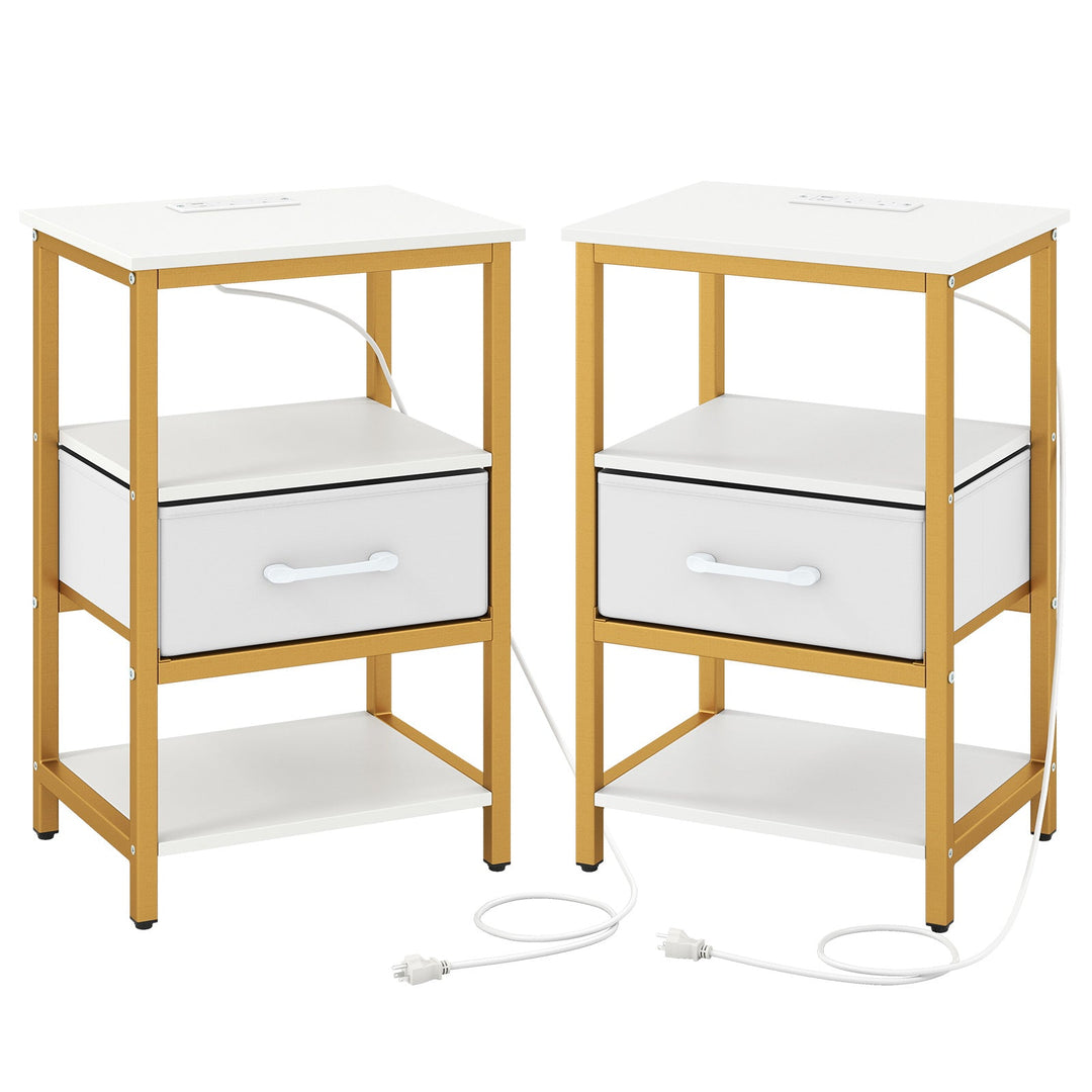 Nightstand with Charging Station and Adjustable Fabric Drawer for Bedroom and Living Room