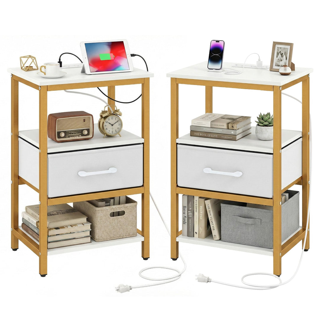 Nightstand with Charging Station and Adjustable Fabric Drawer for Bedroom and Living Room
