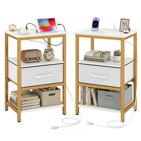 Nightstand with Charging Station and Adjustable Fabric Drawer for Bedroom and Living Room