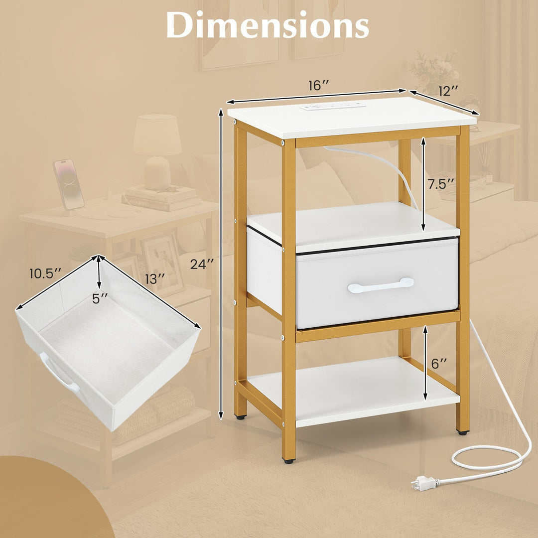 Nightstand with Charging Station and Adjustable Fabric Drawer for Bedroom and Living Room