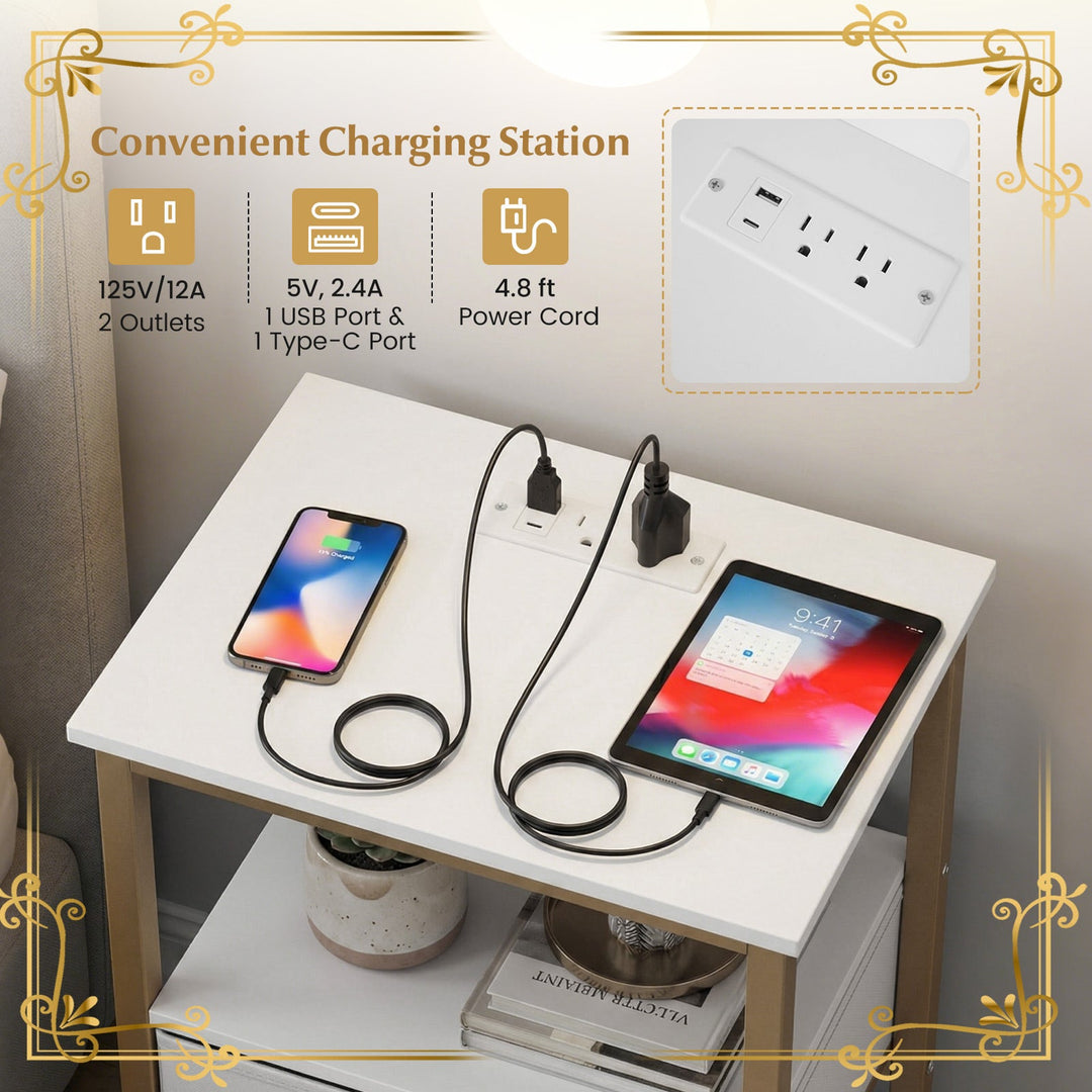 Nightstand with Charging Station and Adjustable Fabric Drawer for Bedroom and Living Room