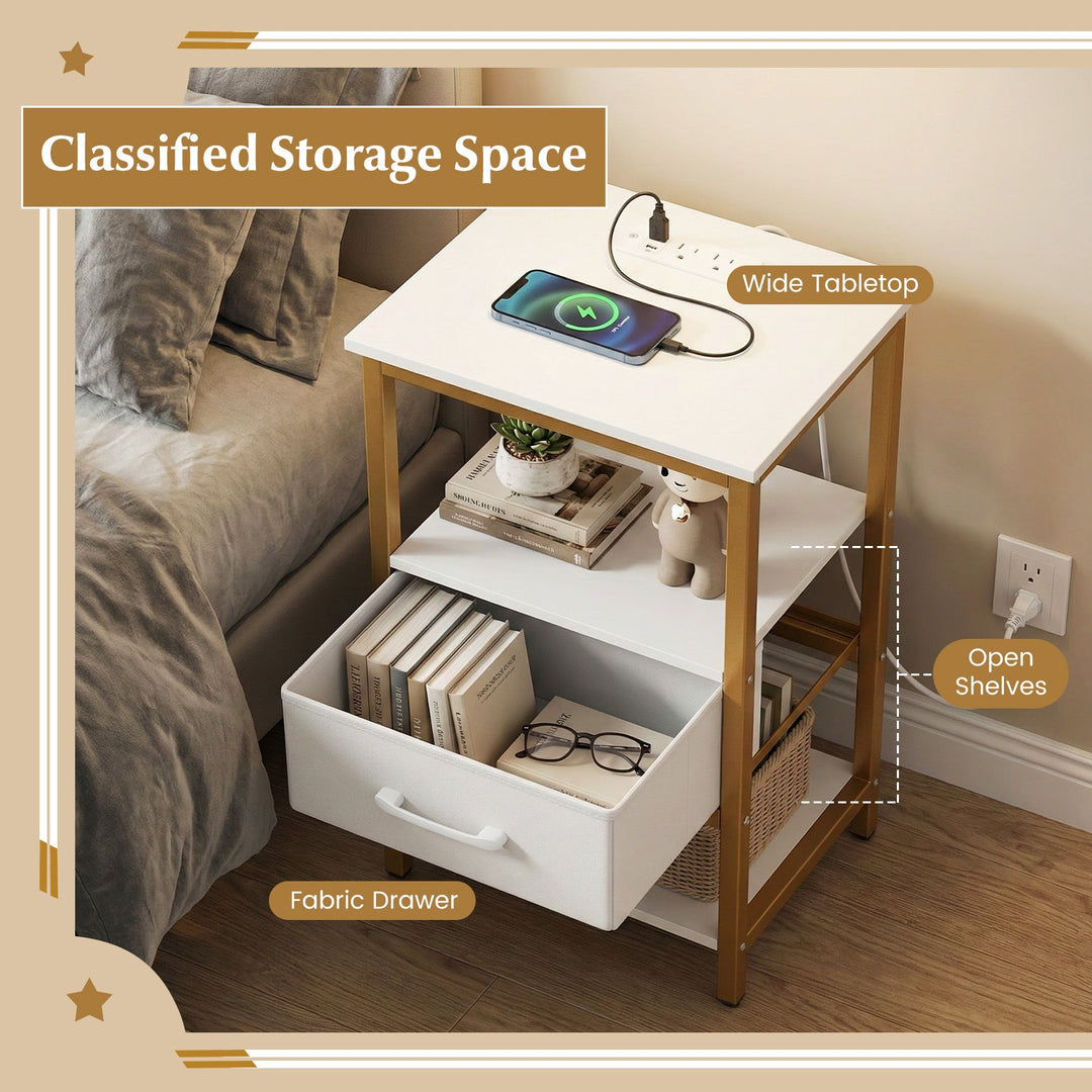 Nightstand with Charging Station and Adjustable Fabric Drawer for Bedroom and Living Room