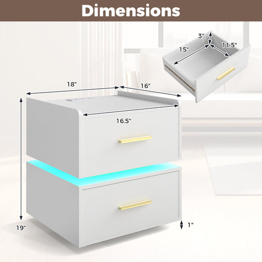 Nightstand with Charging Station LED Bedside Table with 2 Storage Drawers