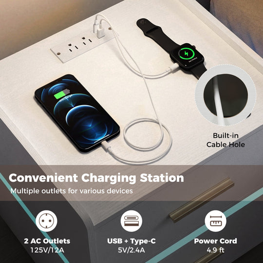 Nightstand with Charging Station LED Bedside Table with 2 Storage Drawers