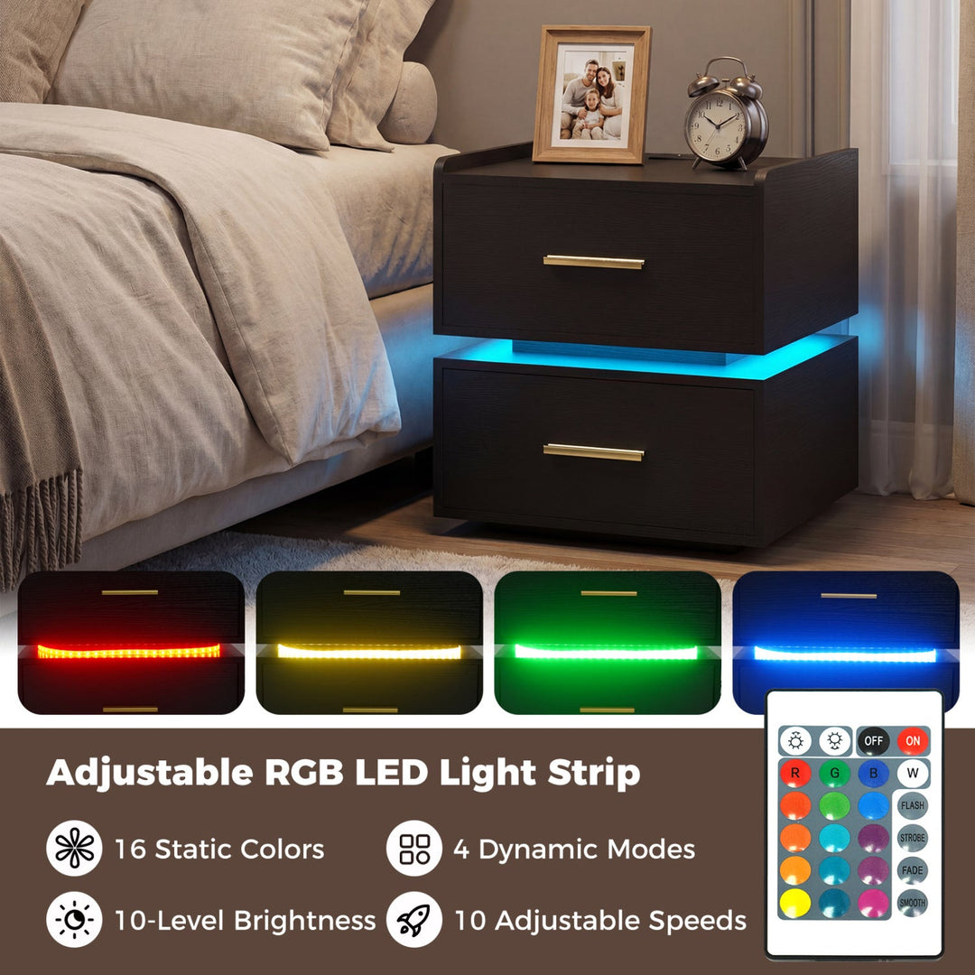 Nightstand with Charging Station LED Bedside Table with 2 Storage Drawers