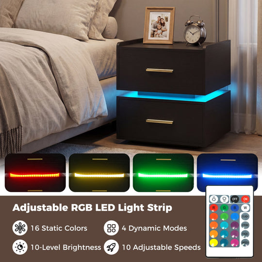 Nightstand with Charging Station LED Bedside Table with 2 Storage Drawers