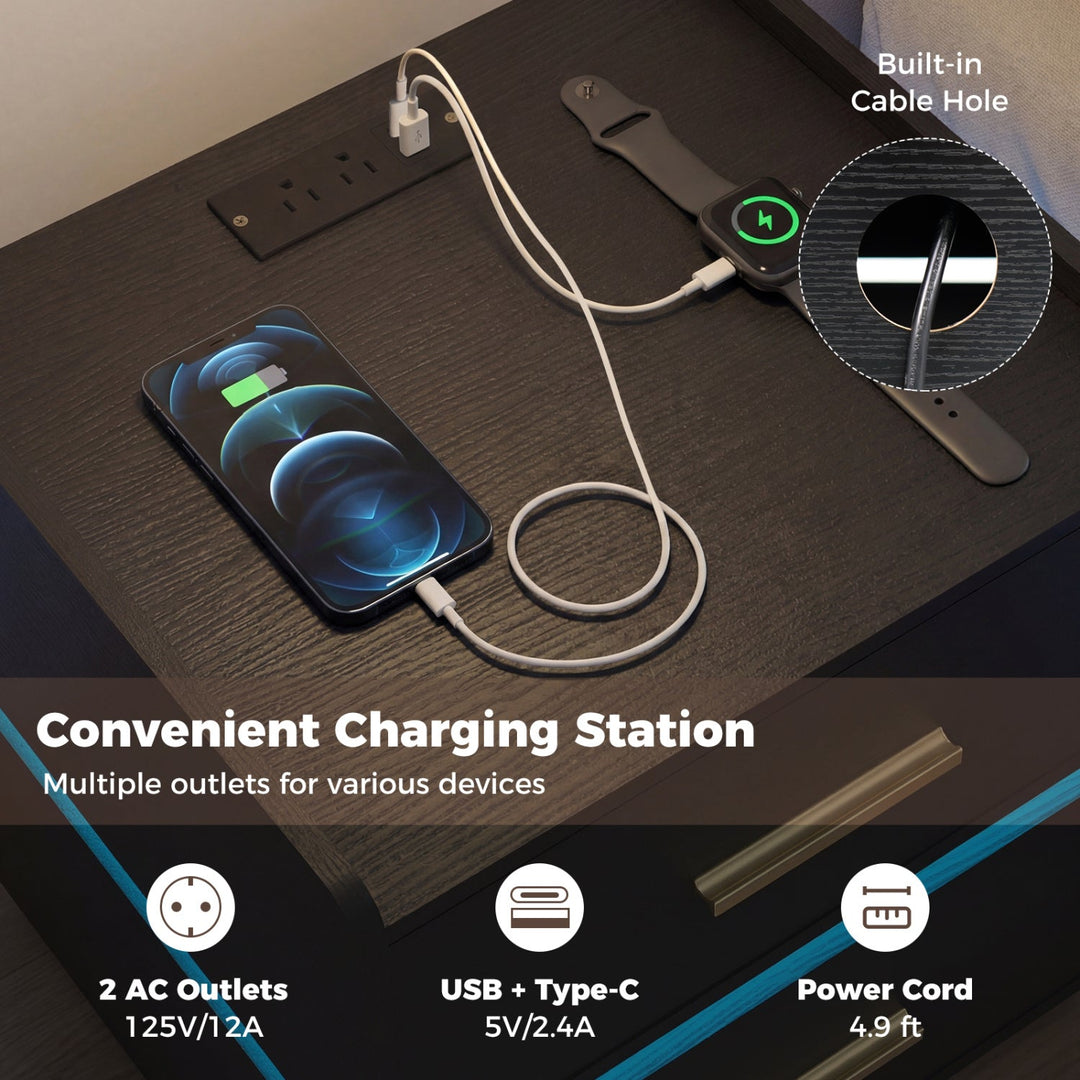 Nightstand with Charging Station LED Bedside Table with 2 Storage Drawers