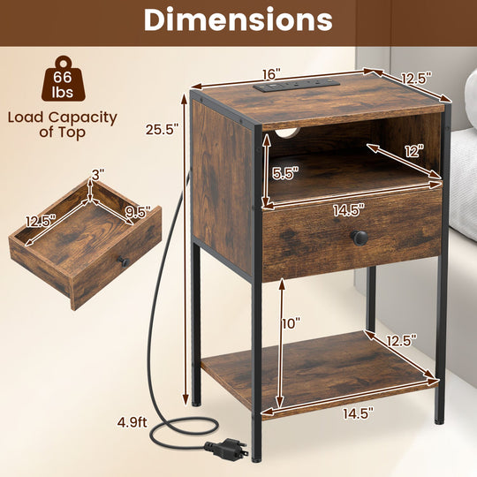 Nightstand with Charging Station Bedside Table with USB Ports and Outlets