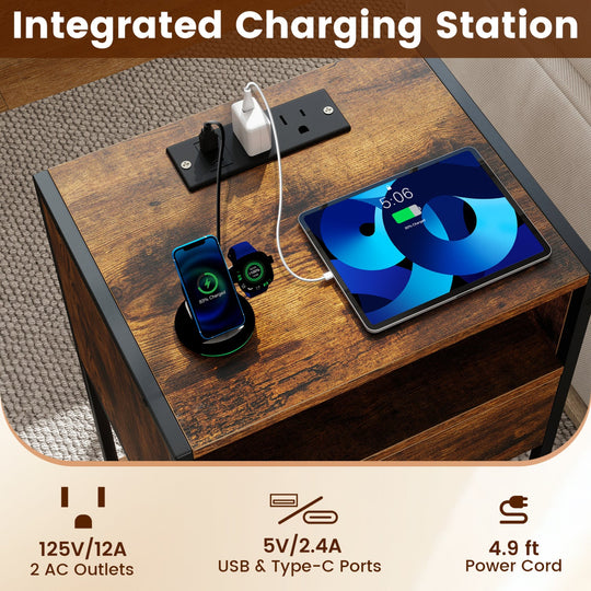 Nightstand with Charging Station Bedside Table with USB Ports and Outlets