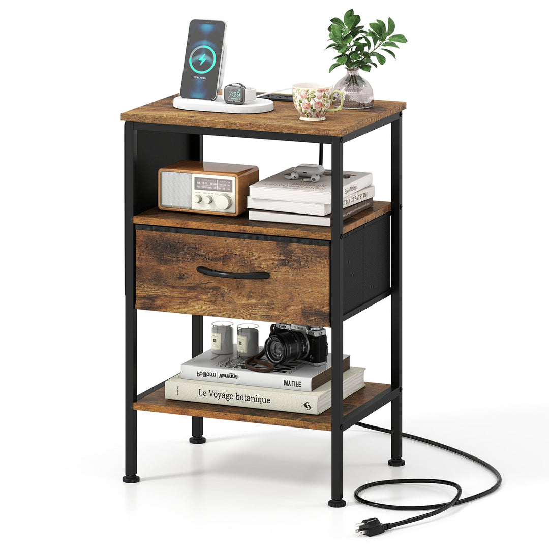 Nightstand with Charging Station 24.5 inch Modern Bedside Table with Fabric Drawer