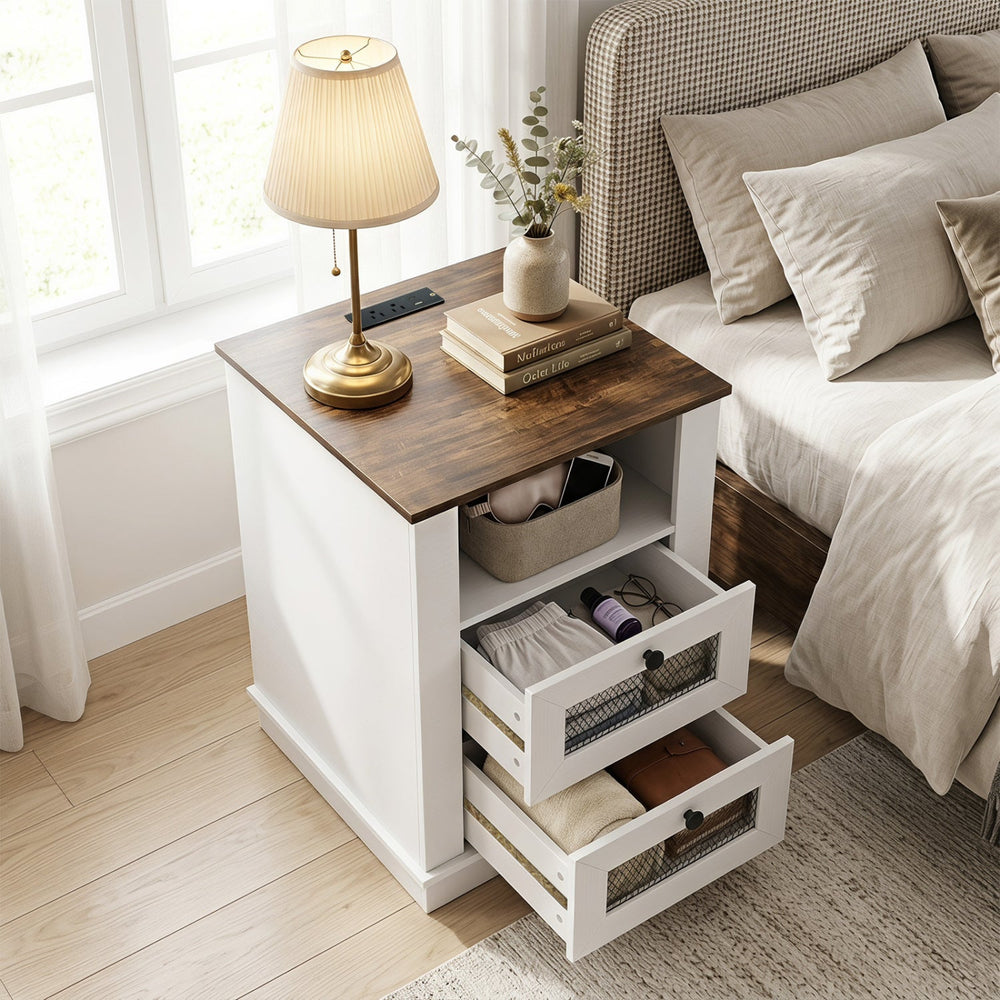 Nightstand with Charging Station and 2 Drawers Rustic Brown