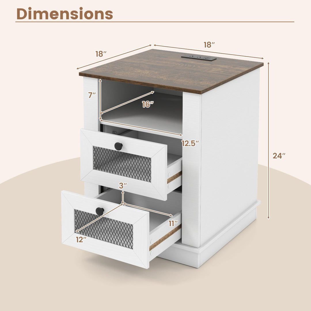 Nightstand with Charging Station and 2 Drawers Rustic Brown