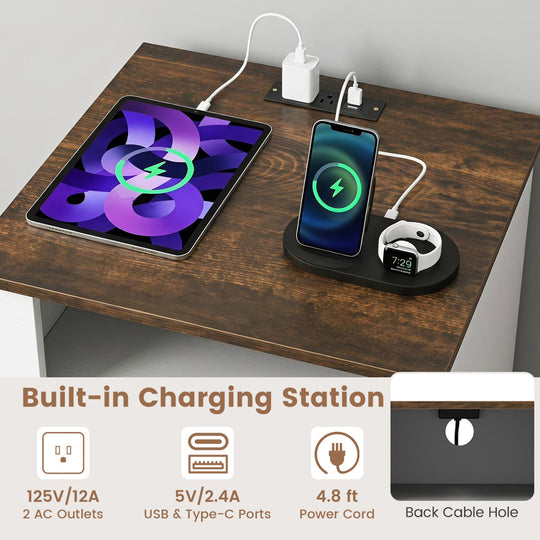 Nightstand with Charging Station and 2 Drawers Rustic Brown