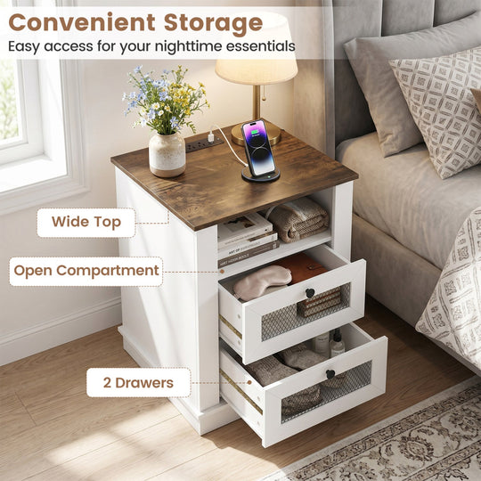 Nightstand with Charging Station and 2 Drawers Rustic Brown