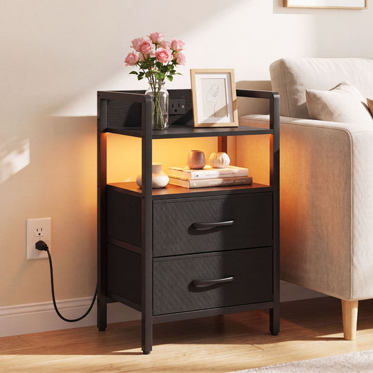 Nightstand with Charging Station and Storage Shelf for Bedroom Dorm Living Room-Black