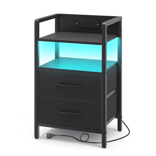 Nightstand with Charging Station and Storage Shelf for Bedroom Dorm Living Room-Black