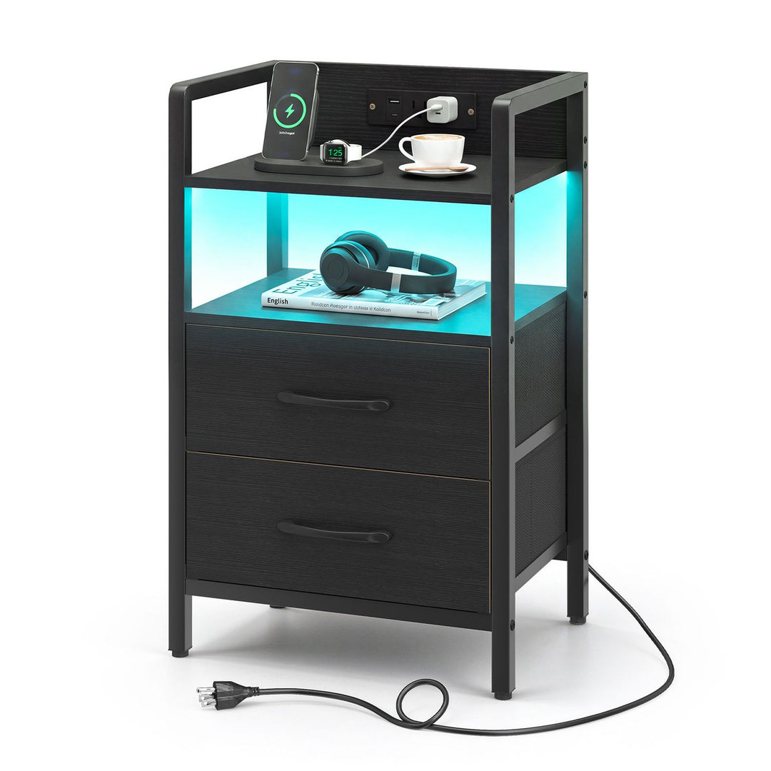 Nightstand with Charging Station and Storage Shelf for Bedroom Dorm Living Room-Black
