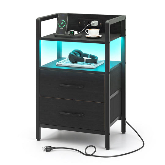 Nightstand with Charging Station and Storage Shelf for Bedroom Dorm Living Room-Black