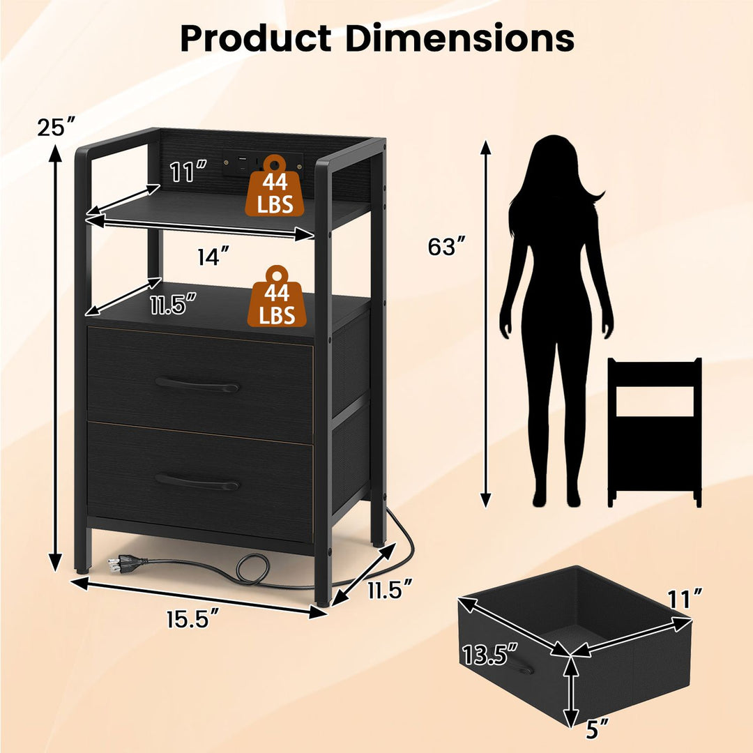 Nightstand with Charging Station and Storage Shelf for Bedroom Dorm Living Room-Black