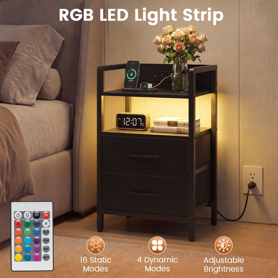 Nightstand with Charging Station and Storage Shelf for Bedroom Dorm Living Room-Black